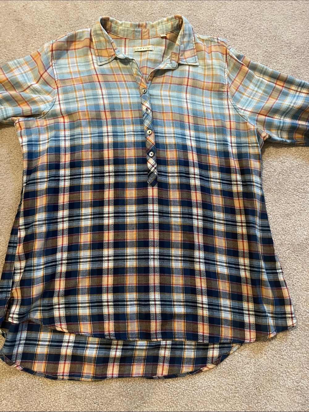 Orvis Plaid Tunic in Blue, Navy, Orange and Cream, Like New, Size Large